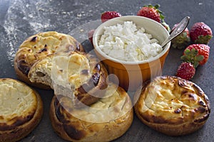 Open pies with cottage cheese close up.Â  Traditional Russian bakery. Freshly baked pastry items top view photo.Â Â 